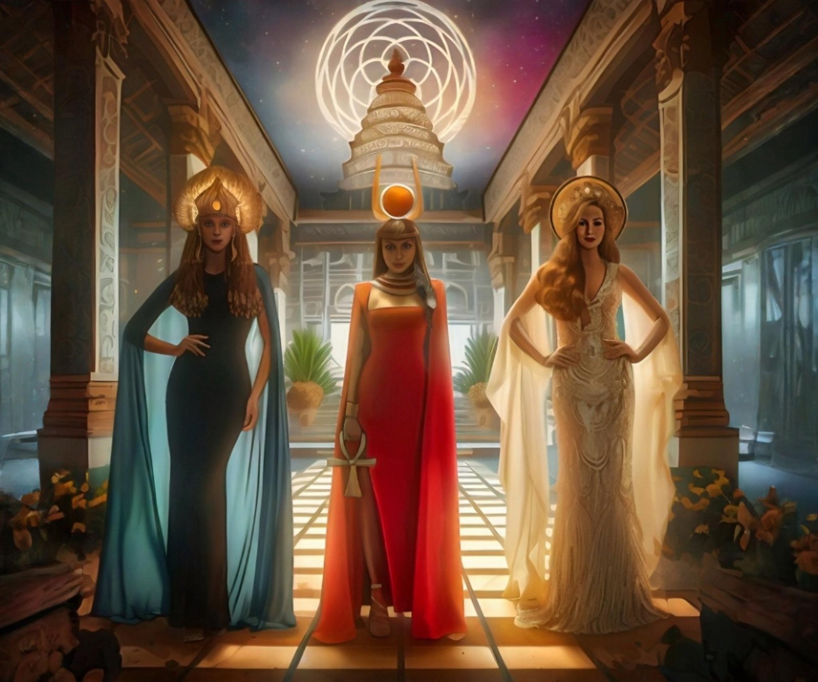 Hathor, Isis, and Mary Magdalene in their celestial temple.